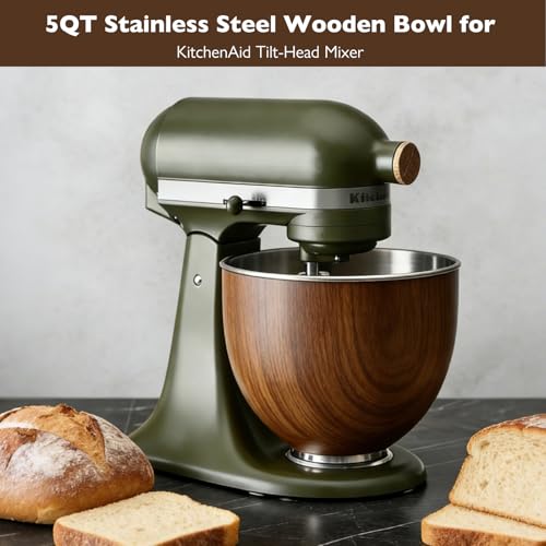 Image of Stainless Steel Mixer Bowl, Compatible with KitchenAid 5 Quart Tilt-Head Stand Mixers, Fit for K45, KSM75, KSM90, KSM150, Wood Texture, Heavy Duty, Dishwasher Safe, No Residue