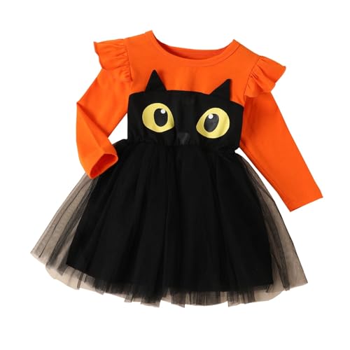 Vestidos de niña de manga larga de malla de dibujos animados gato disfraz de Halloween fiesta traje para niños pequeños niños vestido, naranja, 2-3 años