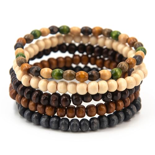 Set de 5 pulseras unisex de cuentas de madera Bohemia miniatura 1