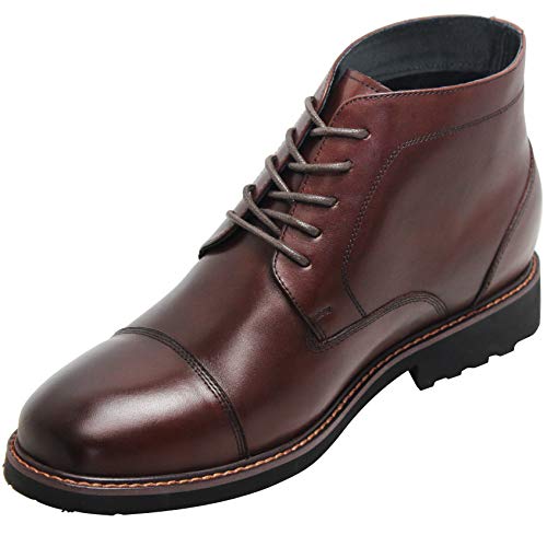 CALTO Men's Invisible Height Increasing Elevator Shoes - Dark Brown Leather Lace-up Cap-toe Boots with Inner Faux Fur - 3.2 Inches Taller - Y41081 - Size 9 D(M) US2