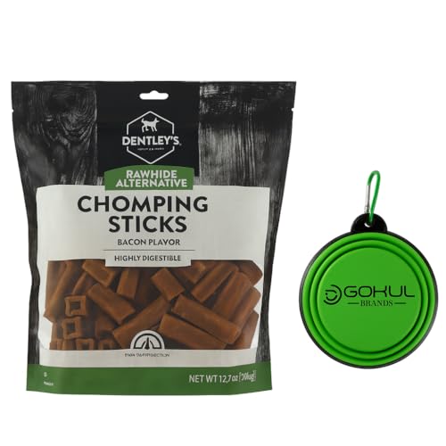 GOKUL BRANDS DENTLEY'S Rawhide Alternative Chomping Sticks Dog Treats, 2LB Dog Chews, Bundled with Collapsible Dog Food Bowl (Assorted Color) (Bacon)