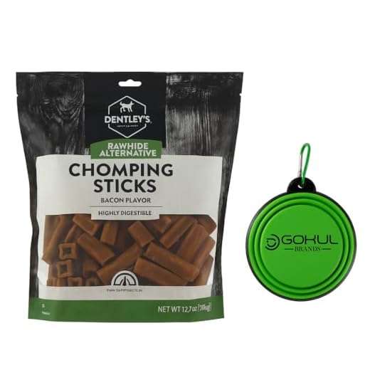 GOKUL BRANDS DENTLEY'S Rawhide Alternative Chomping Sticks Dog Treats, 2LB Dog Chews, Bundled with Collapsible Dog Food Bowl (Assorted Color) (Bacon)