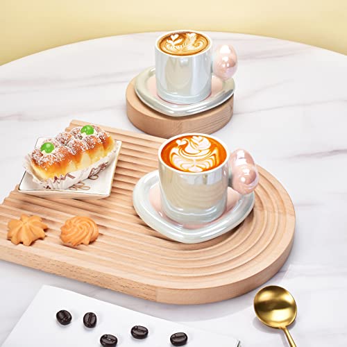 Denovin Ceramic Coffee Cup And Saucer Set, Cappuccino Espresso Demitasse Cute Heart Shape Mug, 10Oz Perfect For Milk Tea Latte Oatmeal (Pearl Blue-Green) #TOP4