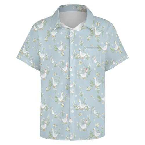 Mens Cute Goose White Flowers Hawaiian Shirt Casual Button Down Short Sleeve Tropical Beach Holiday Aloha Party Shirt for Men Funny XL2