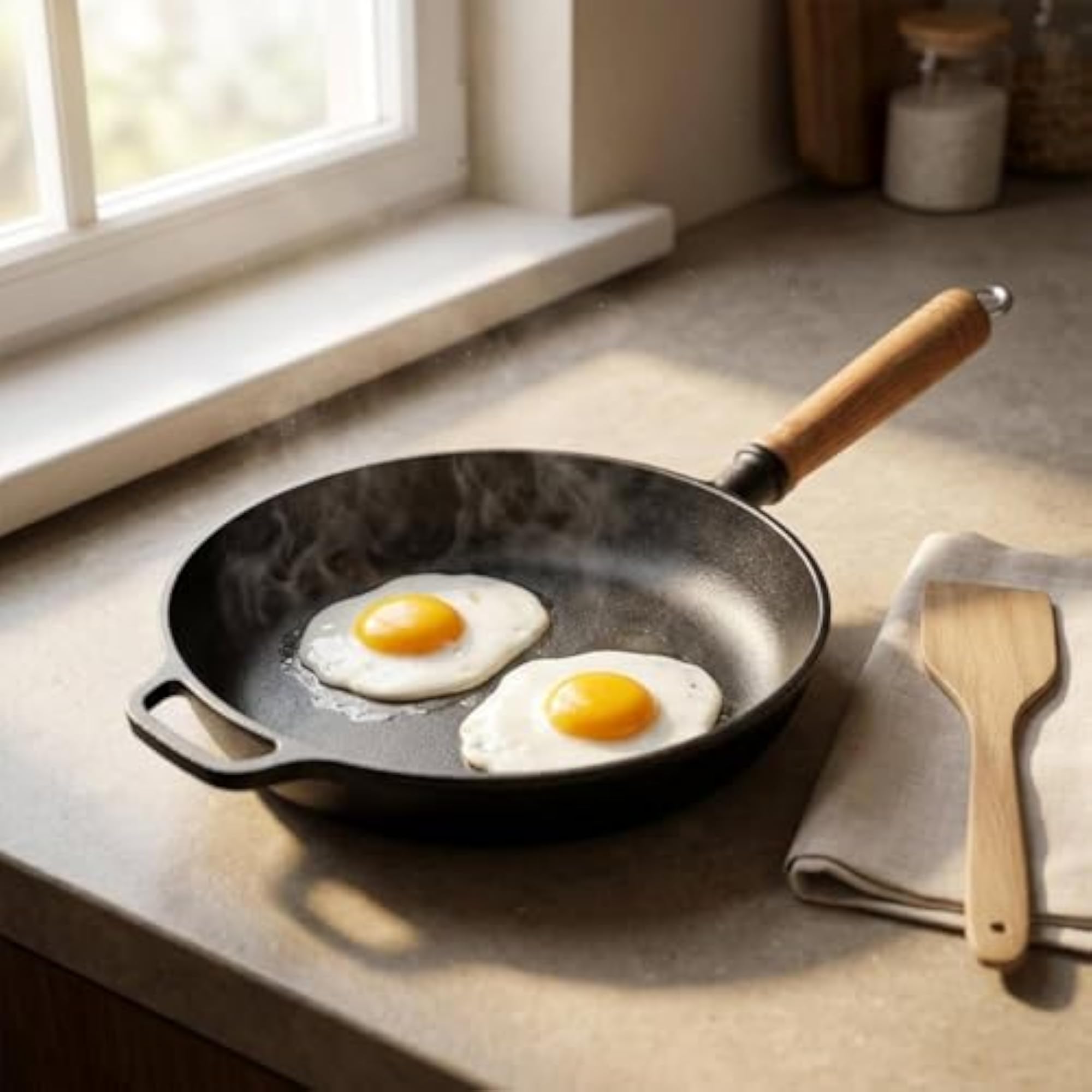 Flat Base Round Cast Iron Frying Pan, 29cm