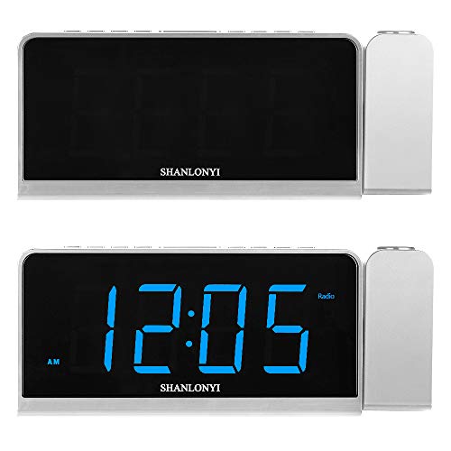 Shanlonyi Projection Alarm Clock With Am/Fm Radio, 180°Projector, 7" Led Display, Dst, Easy To Use, Clear Blue Digit, 3 Dimmer, Alarm Clock With Usb Charging Port, Battery Backup For Bedroom #TOP6