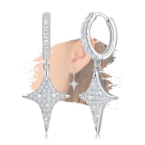 Star Hoop Earrings for Teen Girls Women - Sterling Silver Loop Earrings with Dangle Hypoallergenic Sparkly Cubic Zirconia Fashion Star Shaped Earring Gifts for Daughter Granddaughter for Christmas