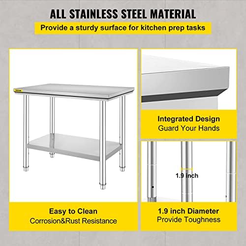 VEVOR Kitchen Catering Table 24 x 36 x 32 Inches NSF Stainless Steel Work Table for Commercial Kitchen Prep Workbench 60X90X80cm with Lower Shelf Work Table Silvery for Commercial Kitchen Restaurant
