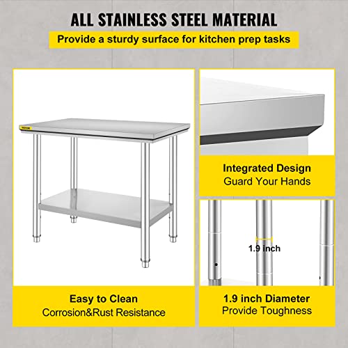 VEVOR Arbeitstisch, Küche, Edelstahl, Arbeitsplatte, Küche, 2 Etagen, Arbeitstisch aus Edelstahl, für Küche, Essen, Hotels, Büros, Krankenhäuser (60 x 90 x 80 cm)