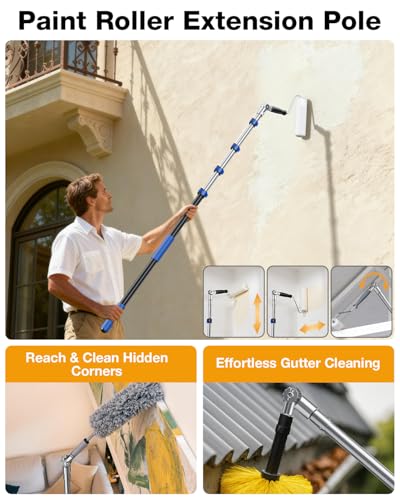 Telescoping Pole, 6-36 Ft with Joint Angle & Squeegee Adaptor, Aluminum Telescopic Paint Roller Extension Pole & Extendable Pole, Anti-Slip Foam Grip, Multi-Purpose Gutter Window Dust Cleaning Pole