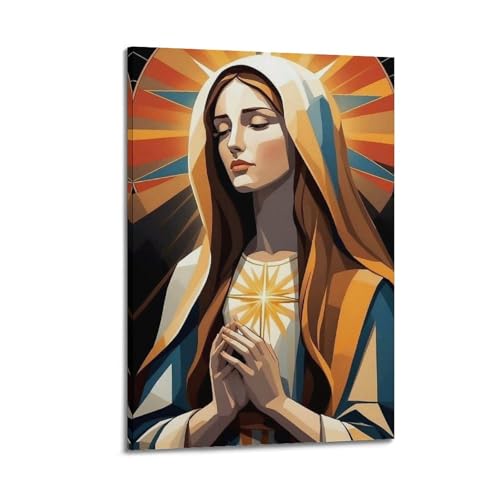 Toile Vierge en prière poster chrétien abstrait géométrique tableau déco chambre cadre 30x45