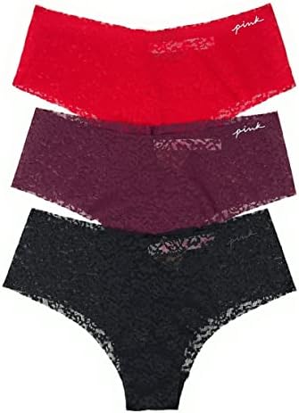 Victoria's Secret PINK Cheekster Panty Set of 3 Small No Show Lace Red / Maroon / Black