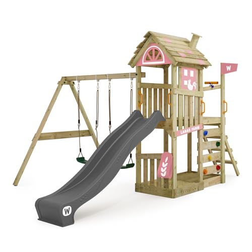 WICKEY Aire de Jeux FarmFlyer portique en Bois avec balançoire, bâche & Toboggan, Tour d'escalade pour Enfants avec bac à Sable, échelle et Accessoires de Jeu pour...