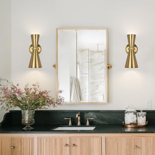 Image of Brass Wall Sconce, Mid Century Modern Sconce Wall Lighting, Up Down Gold Wall Sconces E12 Base, Vintage Farmhouse Wall Lights Hardwired Wall Lamps for Bedroom Bathroom Living Room Staircase