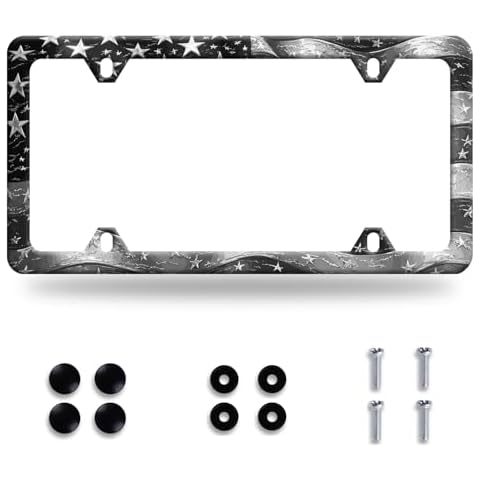 Retro American Flag License Plate Frame Black Grey USA Flag License Plate Frames Funny Auto Accessory Stainless Steel Patriotic License Plate Decoration for Men Women 12.2 X 6.3 Inch Cover