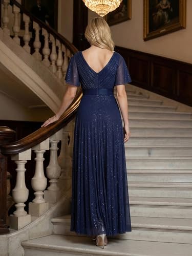 Image of Ever-Pretty Women's Summer Glitter Formal Dresses Evening Gown V Neck Short Sleeves Floor Length Mother of Bride Dress 50159