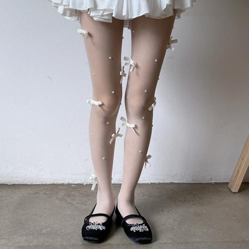 Image of SOLILOQUY Women Y2K Lolita Sheer Tights Bow Knot High Waist Footed Pantyhose Stockings See-Through Stretchy Leggings