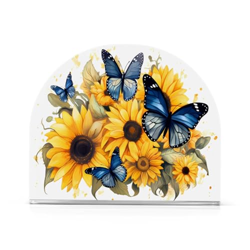 Blue Butterflies Sunflowers Napkin Holder for Tables Paper Cocktail Napkin Holders for Kitchen and Dinning, Acrylic Dinner Napkin Dispenser for Restaurant Home Decor Bar Accessories 1 Pack 1 Pack
