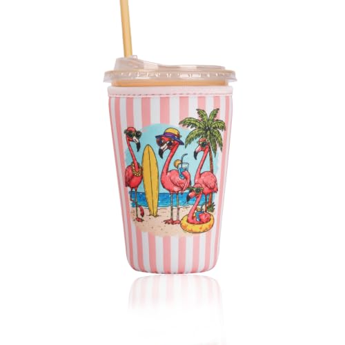 Image of Reusable Insulated Sleeve for Iced Coffee Cup, Coffee Neoprene Sleeve for Cold & Hot Drinks, Beverage Holder for Iced Coffee (Flamingo Stripes, Medium: 22-24oz)