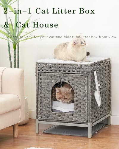 SETVSON Cat Litter Box Enclosure Hidden Litter Box Furniture with Metal Heightened Feet, Rattan Handwoven Cat House with Litter Mat, Hidden Litter Box Furniture for Bedroom Living Room Gray