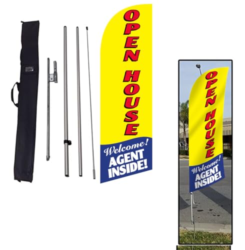 Real Estate Open House (yellow) Feather Banner Flag Sign with Flag Pole, Ground Stake, and Travel Bag