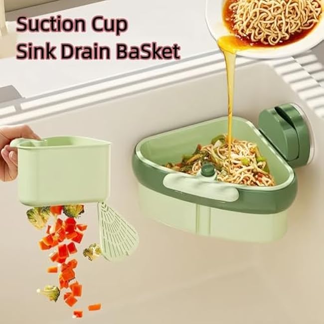 Corner Sink Strainer, Suction Cup Sink Corner Rack, Food Waste Catcher for Sink, Automatic Dumping Triangle Sinks Basket Shelf with Suction Cup, Sucker Corner Hanging, for Kitchen (Green)