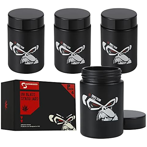 Ornate Ocean 4-Pack 250ml UV Glass Stash Jars - 4 Piece Set Multipurpose Storage Containers - Convenient Airtight Smell Free Screw Top Lid Jars Preserves and Secures Your Herbs Cover