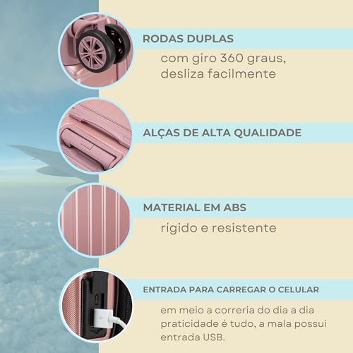 GMTA Mala de Viagem de Bordo 10Kg Rígida Padrão ANAC com 4 Rodas duplas 360° Cadeado Anti Furto Comp