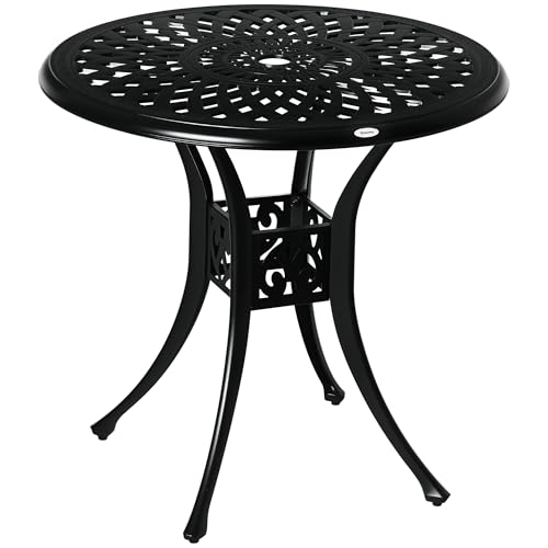 Image of Outsunny 78 cm Round Garden Dining Table with Parasol Hole Antique Cast Aluminium Outdoor Table Only, Black