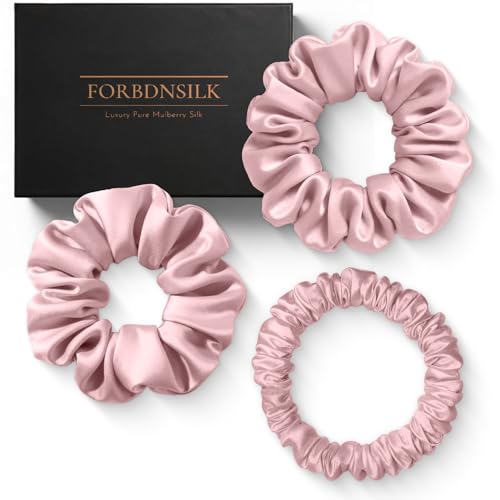 FORBDNSILK 100% Pure 22 Momme Mulberry Silk Scrunchies (Set of 3) | Highest grade (6A) Luxury Hair Ties| (Black,White,Pink) | (Pink, Standard/Small/Skinny)