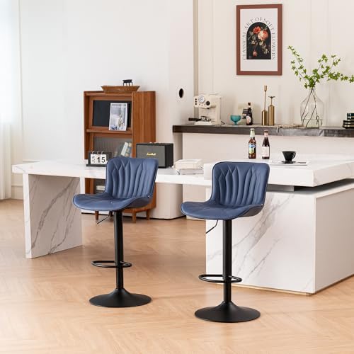 Image of Bar Stools Set of 2 Modern Kitchen Counter Chairs Barstools Navy Blue