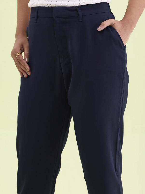 Image of GO COLORS Solid Formal Crepe Pants for Women | Mid Rise, Side Pocket