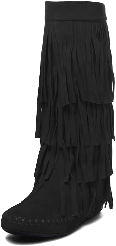 miss left Women Classic Layer Fringe Moccasin Boots Closed Round Toe Flat Knee High Boot Tassels Pull On Retro Ballroom Dressy Shoes Size 4-16 US