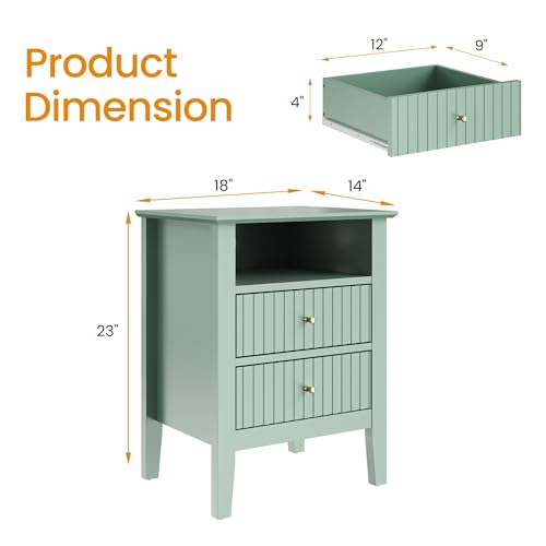 FansaFurn Fluted Night Stand Set of 2, Wide Nightstand with 2 Drawers, 23\" Tall Wood End Table with Storage, Modern Bedside Table with Golden Handle for Bedroom Living Room, Home Office, Green - Thumbnail 2
