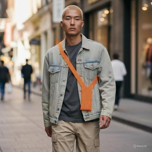 Image of iPhone Pocket features a singular 3D-knitted construction designed to fit any iPhone a beautiful way to wear and carry nitted Scarf with Contrast Stripe Detail, Unisex, (Orange) (Long)