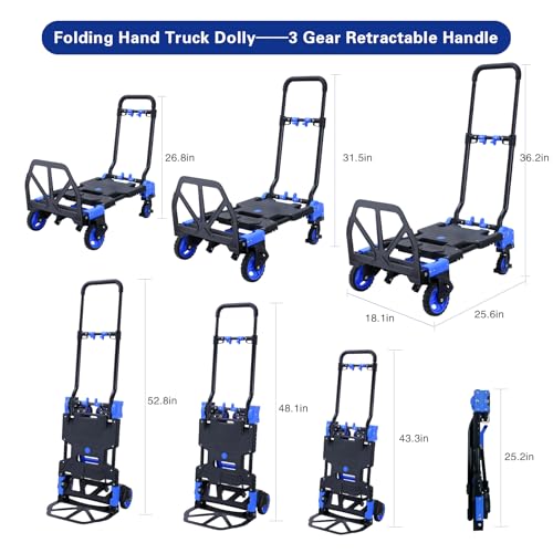 2-1 Folding Hand Truck Dolly,330LBS Capacity Dolly Cart,Foldable Dolly Hand Truck with Retractable Handle and 4 Rubber Wheels,Hand Cart Foldable for Luggage/Travel/Office/Moving