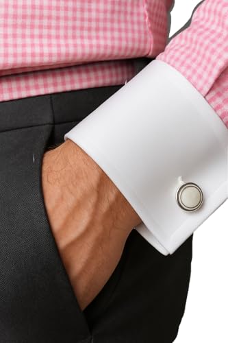 Image of Men's Premium Cotton Formal Dress Shirt - White Collar & French Cuffs with Cufflinks | Solid White, Micro Check & Striped for Office, Wedding