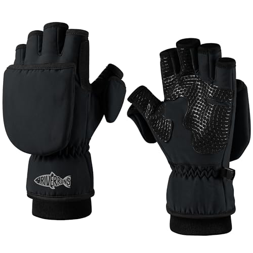 Riverruns Winter Fishing Gloves Convertible Mittens Fingerless for Men Women, Ideal for Ice Fishing, Photography, Hunting, Black, L by Riverruns - Used condition - US$14.39