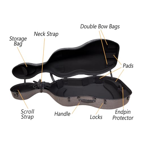 Vetimobato 4/4 Full Size Cello Case - Heavy-Duty Hard Shell with Bow Storage & Accessory Pockets | Fits Full Size Cello Protection for Musical Instrument Cases (Black)