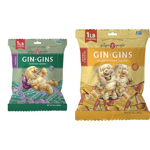 GIN GINS Original Ginger Chews & Double Strength Hard Ginger Candy – 100% Natural Fresh Ginger Candy by The Ginger People – Individually Wrapped Healthy Candy – Large 1 lb Bag (16oz) – Pack of 2