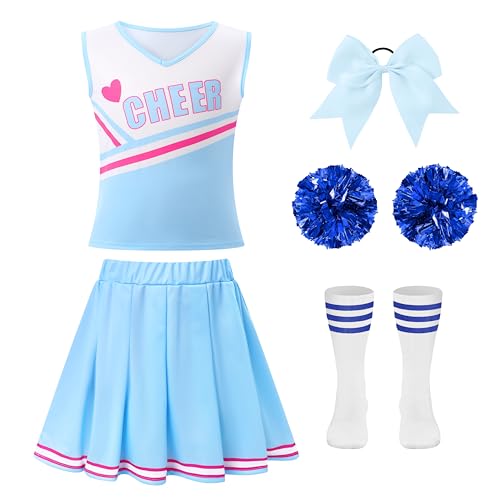 WooHand Girls Cheerleading Costume, Light Blue, 7-8 Years