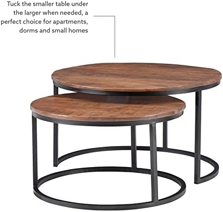 Pemberly Row Modern Nesting Coffee Tables, 31" Round Mango Wood and Metal, Black and Brown Finish, Space-Saving Set of 2, Contemporary Living Room Accent Tables for Apartments or Small Spaces