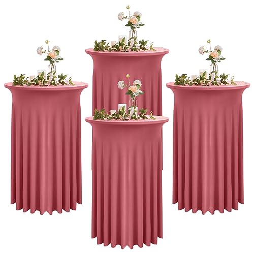4 Pack Dusty Rose High Top Round Cocktail Table Cloth 36x43in, Wrinkle Free Stretch Spandex Table Covers for Wedding, Banquet, Birthday, Graduation