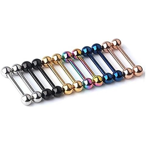 Kiokioa 12pc 14G Mix-color Stainless Steel Straight Barbell Tongue Rings Bars Piercing 5/8" Length Cover