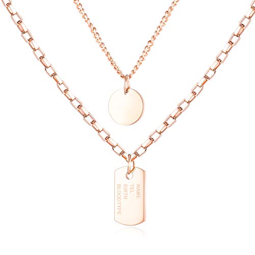 Deelfel ネックレス ピンクゴールド 18金 レディース チタンペンダント 2連チェーンネックレス コイン 円形 長方形ネックレス 細い おしゃれ アクセサリー