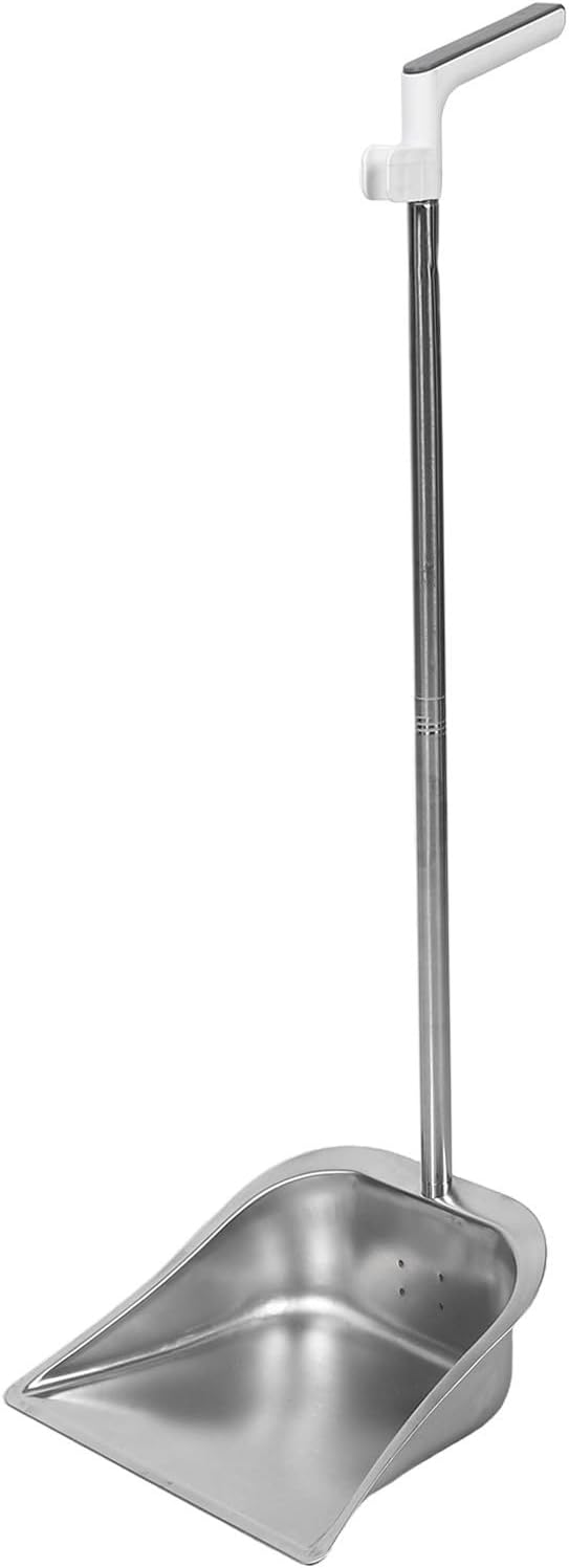 Heavy Duty Stainless Steel Dust Pan with Long Handle Upright Metal Stand-up Dustpan for Home Garage Indoor Outdoor Cleaning Wide Mouth Floor Sweep Pan for Kitchen Office Lobby