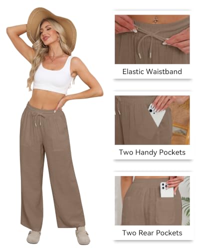 CHANGEOWN Womens Casual Linen Pants Drawstring Flowy Pants Loose Fit Summer Pants with Pockets Lounge Beach Pants, Deep Khaki, XX-Large — view 5