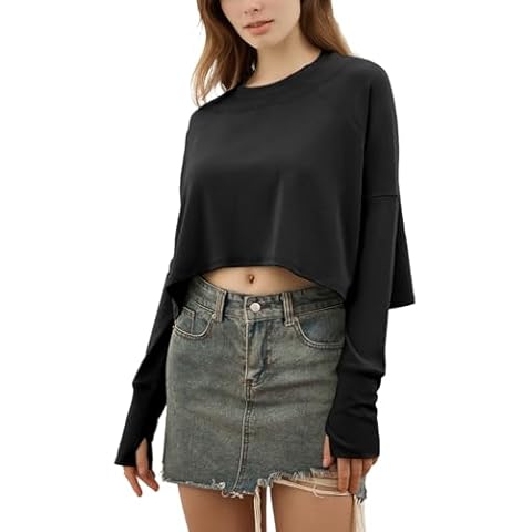 EYZH Long Sleeve Workout Tops for Women Athletic Gym Yoga Cropped Shirt Basic Loose Crop Top Shirts with Thumb Hole Black Cover