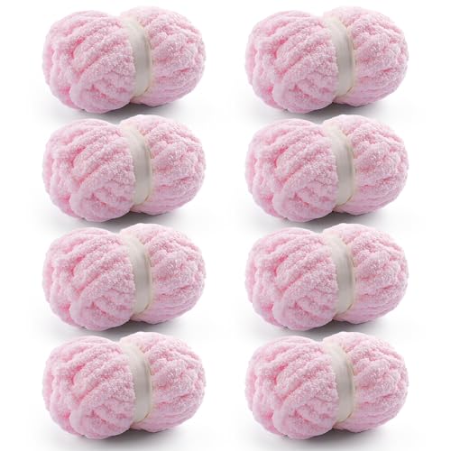 8 Pcs Chunky Yarn for Hand Knitting - Chunky Chenille Yarn for Crocheting - Fluffy Yarns for Crochet - Jumbo Yarns for Hand Knitting 25 yds 7.7 oz of Super Bulky (Light Pink) by Mooaske - Used condition - US$24.72