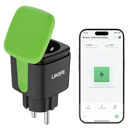 LIKEFE Intelligente Steckdose, Stromverbrauch & Stromkosten überwachen, IP44 Wasserdichte Smarte Außensteckdose, WLAN Steckdose mit Zeitschaltuhr, App Fernsteuerung & Sprachsteuerung, 2.4GHz